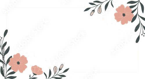 Pink flowers and leaves border on white background for decoration or design