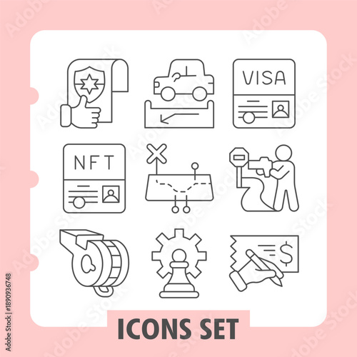 Report paper, crypto asset, whistle simple icons set depicting finance, technology and commerce items in outline style for apps and print on white background. Set of nine thin line icons.