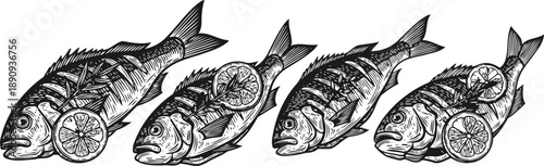 Four grilled fish with lemon slices seafood meal, fresh cooked fish, tasty healthy dinner concept