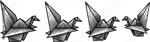 Origami paper cranes in black and white line art four different angles of paper bird folding