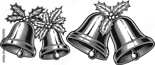 Vintage christmas bells with holly leaves and berries in black and white engraving