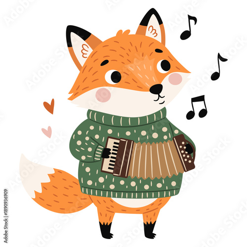 A cute fox in a sweater plays the accordion. Flat vector illustration in a simple children's style. Vector illustration
