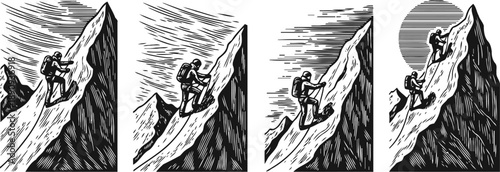 silhouettes of climbers ascending steep mountain peaks at different stages outdoors