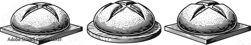 Three round loaves of crusty artisan bread on wooden boards, detailed black and white engraved