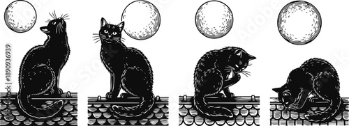 black cat sitting and grooming on rooftop with full moon, vintage hand drawn illustration set