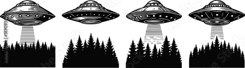 black and white ufos hovering over forest trees with beams of light in silhouette