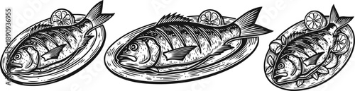Grilled whole fish on plates with lemon slices, fresh seafood meal illustration
