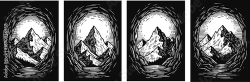 Black and white mountain landscape illustrations with full moon in night sky, rugged peaks and calm lake reflections