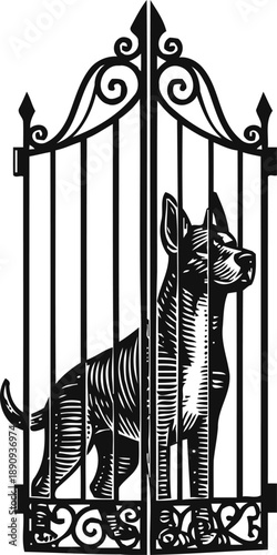 guard dog behind tall iron gate with ornate decorative wrought fence design