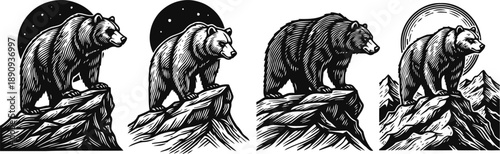 grizzly bear standing on rocky cliff with mountain and moon background in vintage monochrome