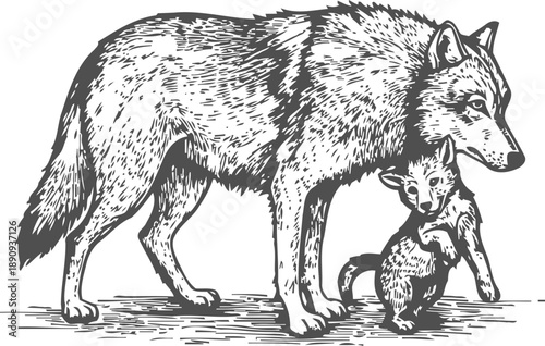 Wolf mother with cub illustration wild animal family, nature scene protective parent with offspring, wildlife drawing