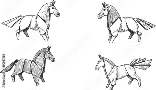 four sketched wooden toy horses in different poses hand drawn rustic illustration of classic children's playthings