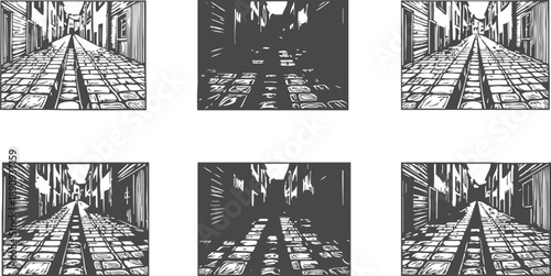 Vintage city street drawing with cobblestone pavement and narrow buildings perspective view