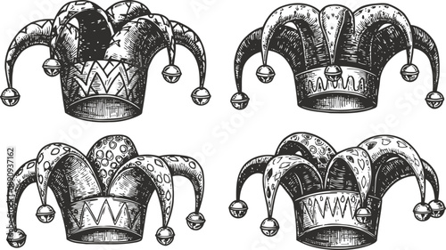 Vintage jester hats with bells hand drawn medieval carnival headwear collection classic fool's caps for festive costume and theatrical decor