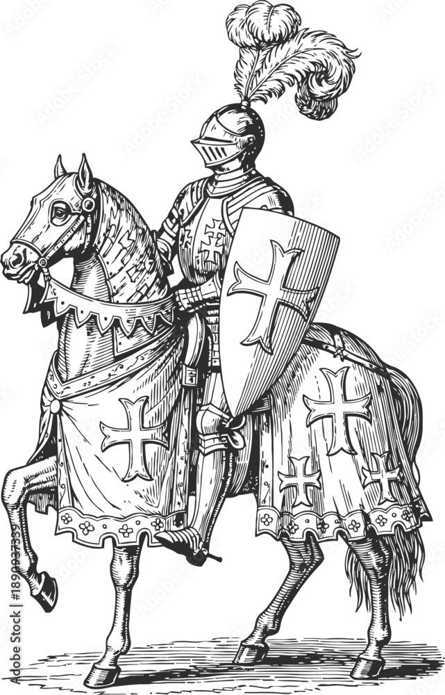 Fototapeta premium Medieval knight in armor on horse with shield and plume, historical crusader warrior illustration