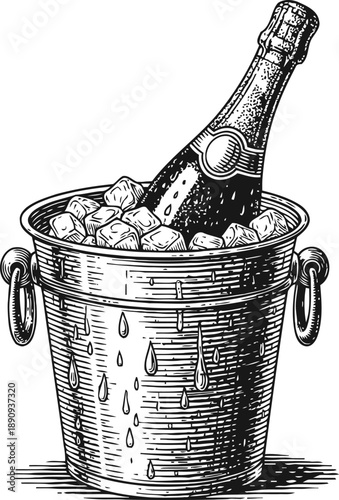 Champagne bottle chilling in ice bucket with water droplets, celebration and luxury beverage concept