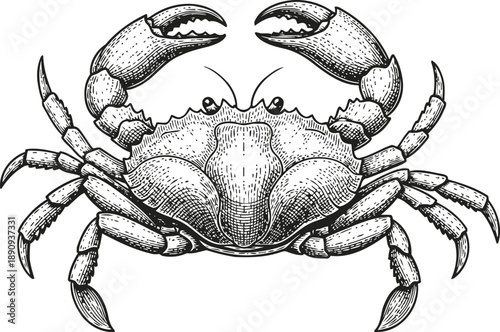 Detailed black and white illustration of a crab with claws raised and textured shell