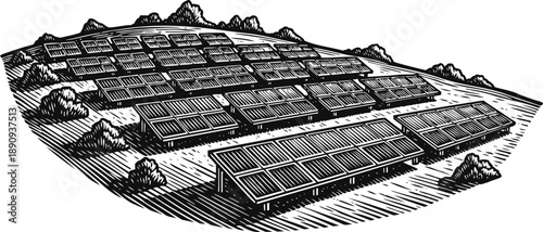 Solar panels farm on hillside generating renewable energy from the sun in sustainable environment