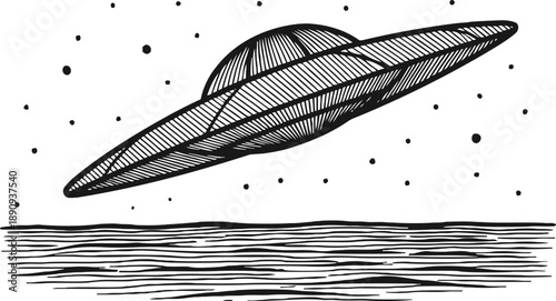 Black and white sketch of a ufo flying over water at night with starry sky background