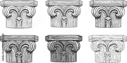 Set of six vintage corinthian column capitals with acanthus leaf decoration, classical architecture elements