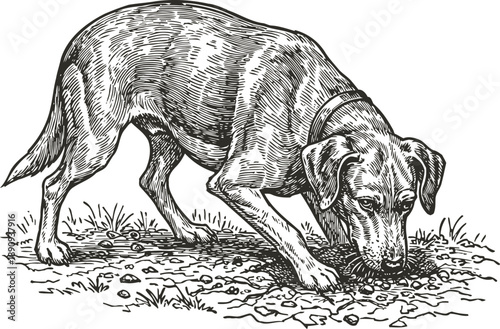 Detailed vintage dog sniffing the ground in nature hand drawn hunting pet with collar exploring outdoors