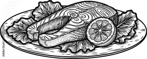Salmon steak on plate with lemon slices and leafy garnish black and white illustration