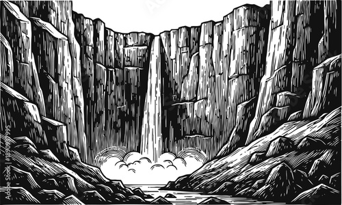 Black and white ink drawing of a waterfall cascading between tall cliffs into a misty pool below