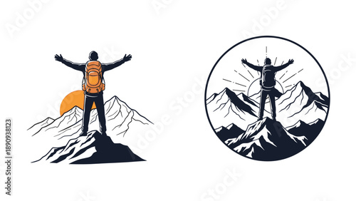 Two illustrations of a triumphant hiker standing on a mountain peak with arms outstretched.
