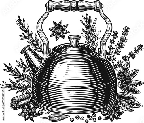 Vintage kettle with herbs and spices traditional metal teapot surrounded by cinnamon, star anise, bay leaves, cardamom, peppercorns, and rosemary
