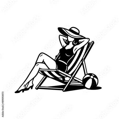 Retro Woman Relaxing on Beach Chair with Beach Ball.