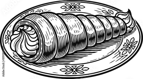 Vintage cannoli dessert illustration on decorative plate traditional italian pastry with cream filling