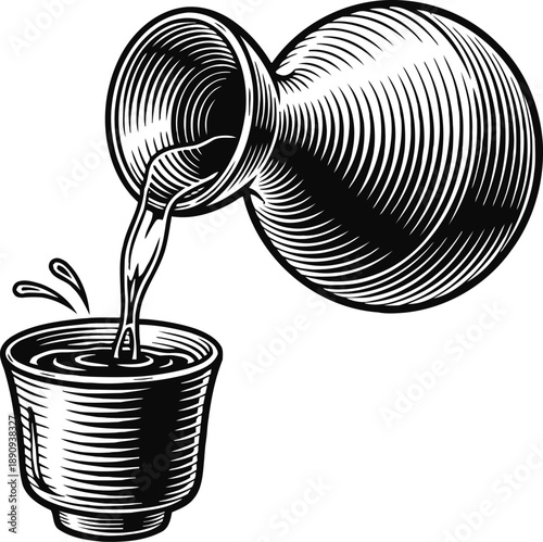 Traditional jug pouring liquid into a cup vintage black and white illustration of beverage serving