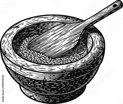 Wooden mortar and pestle with grains inside, rustic kitchen tool for grinding and crushing