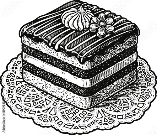 Square layered cake with chocolate topping and decorative cream on lace doily