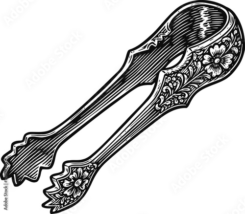 Ornate vintage sugar tongs with floral engraving, detailed antique kitchen utensil design