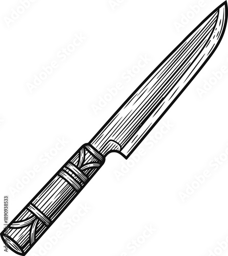 traditional wooden handled knife with sharp pointed blade, detailed vintage engraving illustration