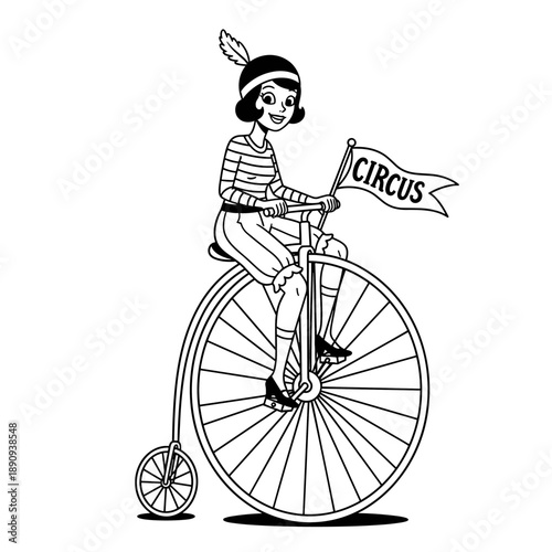 Vintage Circus Performer Riding a Penny Farthing Bicycle.