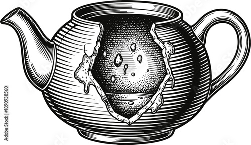 Vintage teapot with cracked exterior revealing textured inner surface, illustrated in detailed black and white engraving