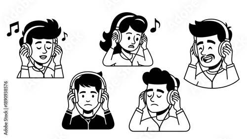 Diverse group of people enjoying music with headphones.