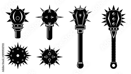 Medieval Spiked Mace Weapon Collection Black and White Illustration.