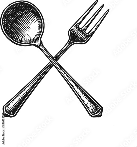 Illustration of vintage spoon and fork crossed together, antique kitchen utensils drawing