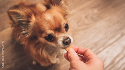 Small dog brown dog hand feeding dog treat pet snack puppy indoor moment on wooden floor gentle trust
