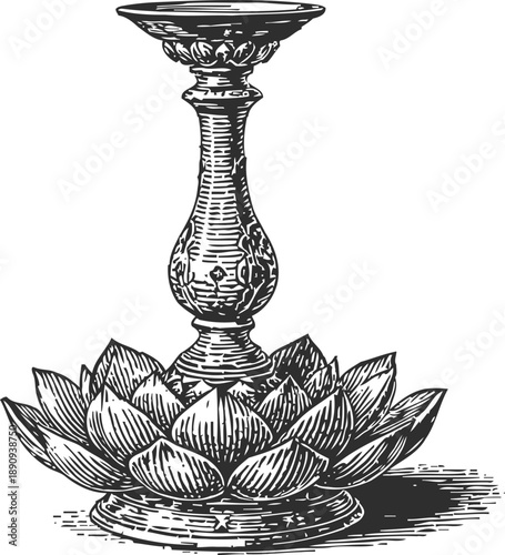 Intricately carved vintage candlestick holder with lotus flower base in antique engraving