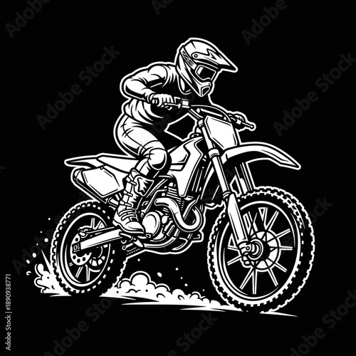 Dynamic Motocross Rider in Action Monochrome Illustration.