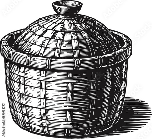 Woven wicker basket with lid handcrafted natural fiber container for storage and decor, vintage art