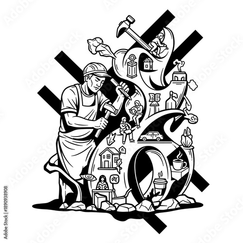 Craftsman carving intricate details into a swirling, symbolic structure.