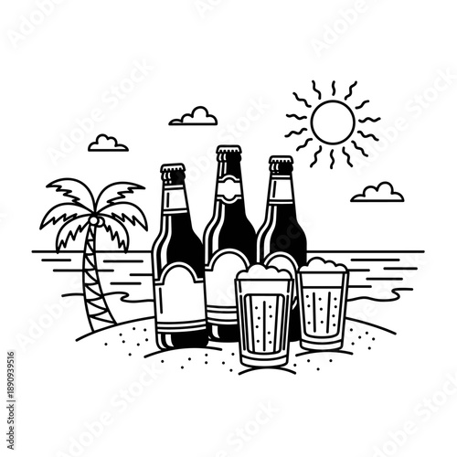 Refreshing Beer Bottles and Glasses on a Tropical Beach.