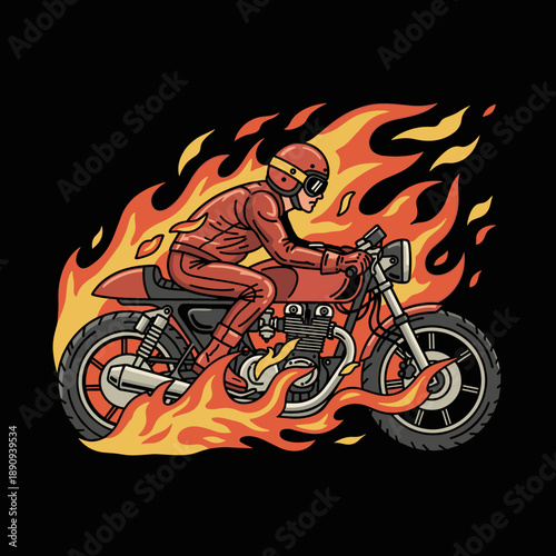 Fiery Motorcycle Rider on a Classic Cafe Racer.