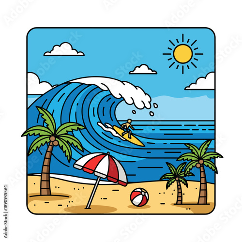 Surfer riding a large ocean wave on a sunny beach day.