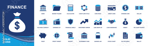 Finance icon set. Containing bank, budget folder, calculator, cash flow, credit card, investment arrow, stock chart, tax document, wallet and more. Solid fill vector icons collection